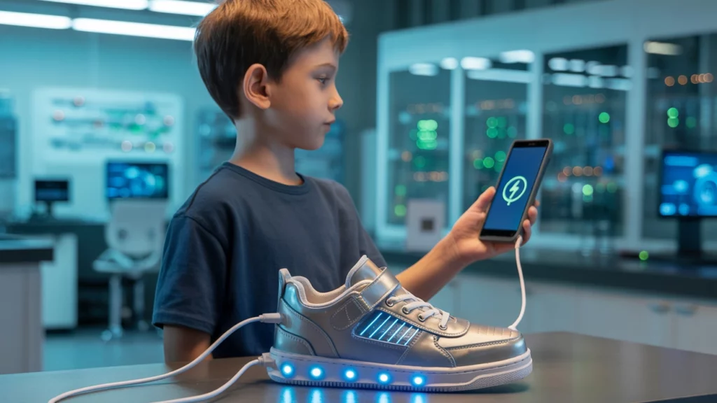 Com apenas 10 anos, ele criou um tênis capaz de gerar energia enquanto caminha e recarregar celulares — invenção do jovem inventor já desperta interesse de grandes empresas de tecnologia nos EUA 1 Com apenas 10 anos, ele criou um tênis capaz de gerar energia enquanto caminha e recarregar celulares — invenção do jovem inventor já desperta interesse de grandes empresas de tecnologia nos EUA